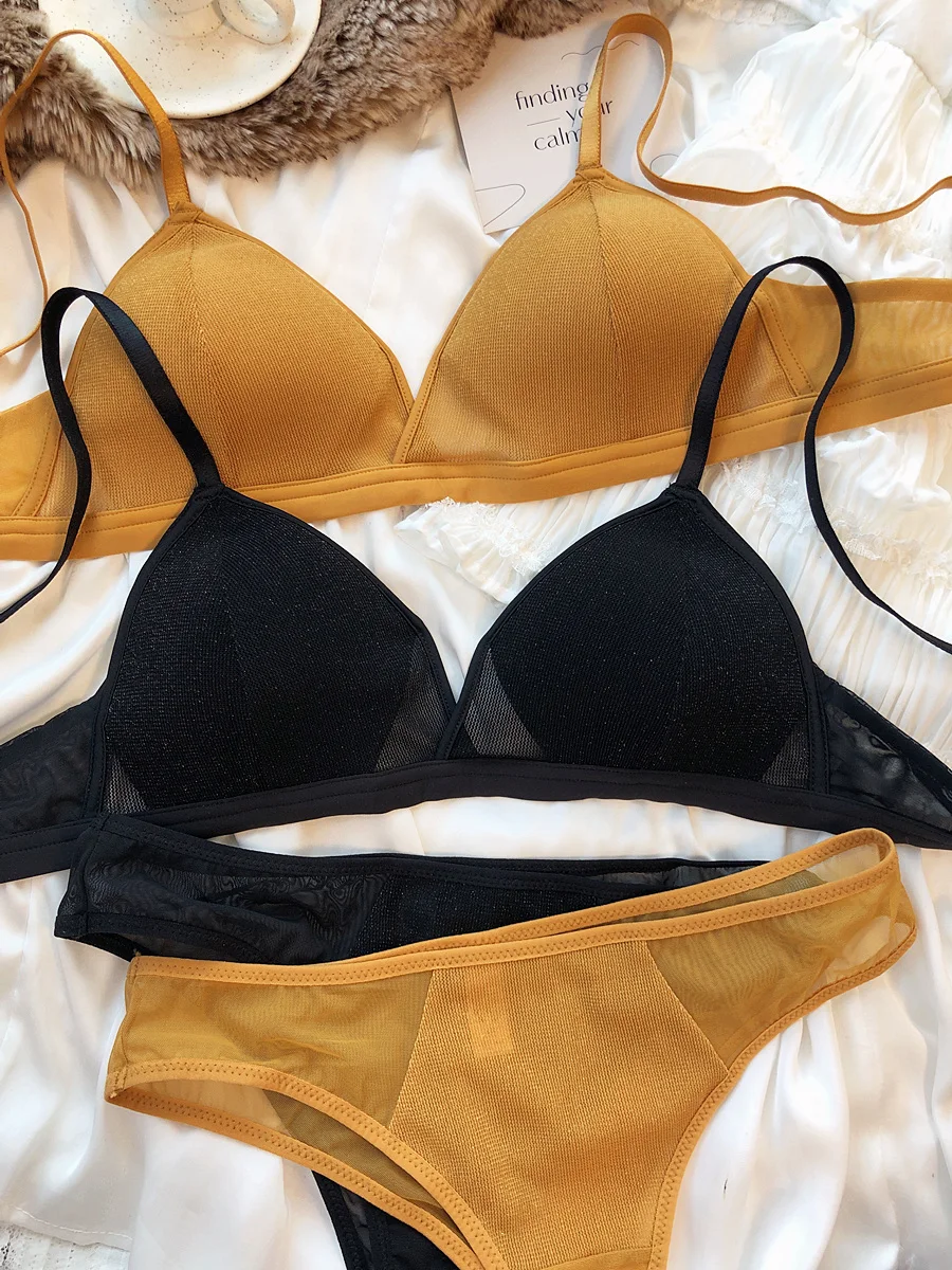 Sexy flash mesh triangle cup underwear thin without steel ring lingerie set push up women bra spicy girl braletteemale