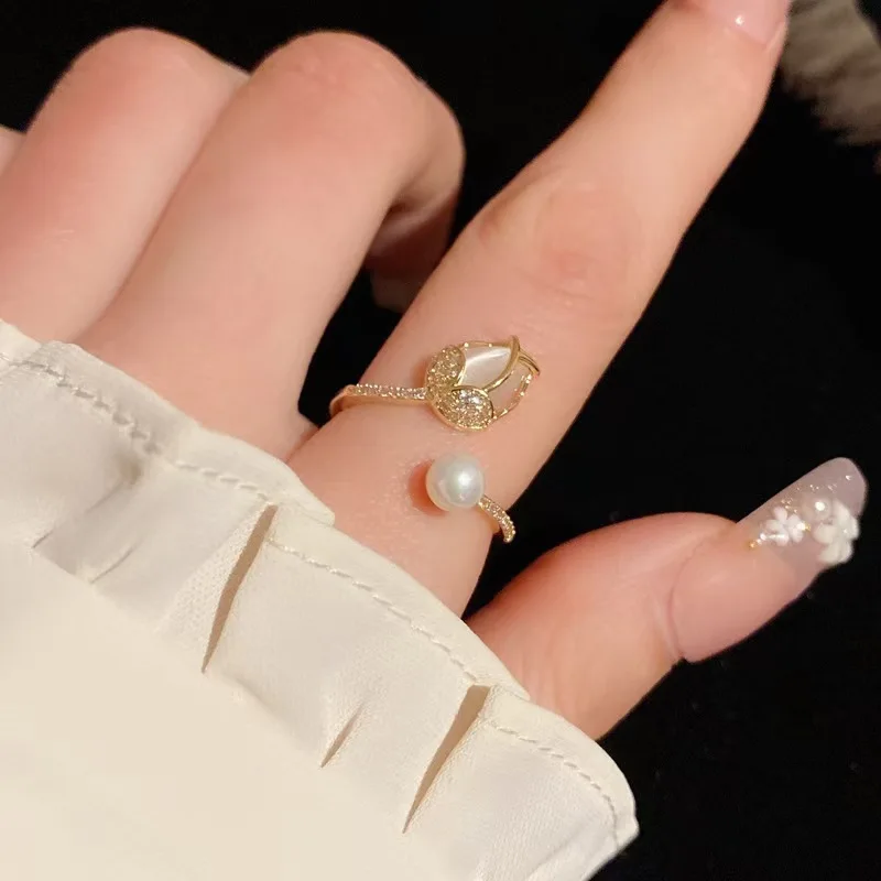 Anillos de flor de tulipán esmaltados Vintage para mujer, anillo de dedo con apertura ajustable de Color dorado Simple a la moda, joyería elegante para deshierbe