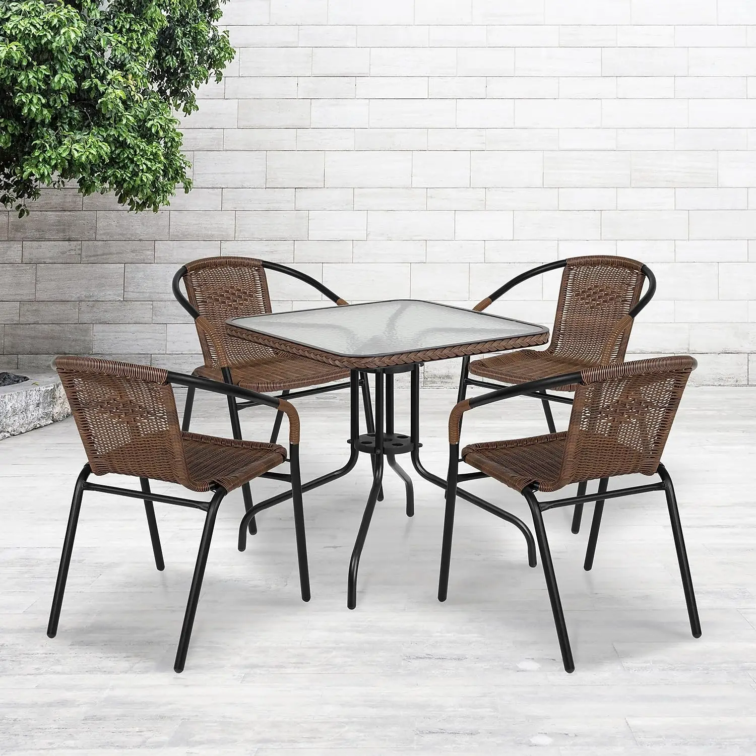 28'' Square Glass Metal Table Dark Brown Rattan Edging 4 Stack Chairs Tempered Glass Outdoor Patio Dining Set, Customized