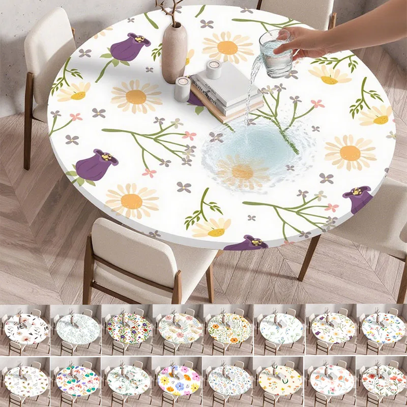 

Floral Round Tablecloth Waterproof Oil-Proof Elastic Edged Party Wedding Table Cloth Home Decor Kitchen Table Protection Cover