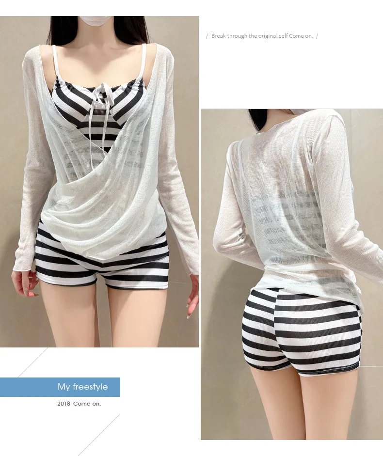 Conjunto de bikini para mujer, con camiseta de manga larga para cubrirse del sol, protección contra los rayos UV, tejido impermeable, diseño a rayas, suave, elástico, sexy y con un toque dulce. Incluye 3 piezas.