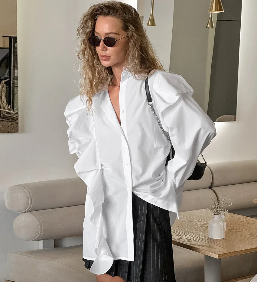 

Ruffles Trim Elegant Shirt Women Summer Korean Fashion Long Sleeve Lapel Loose Shirts Blouses Lady Casual Tops Streetwear 2025