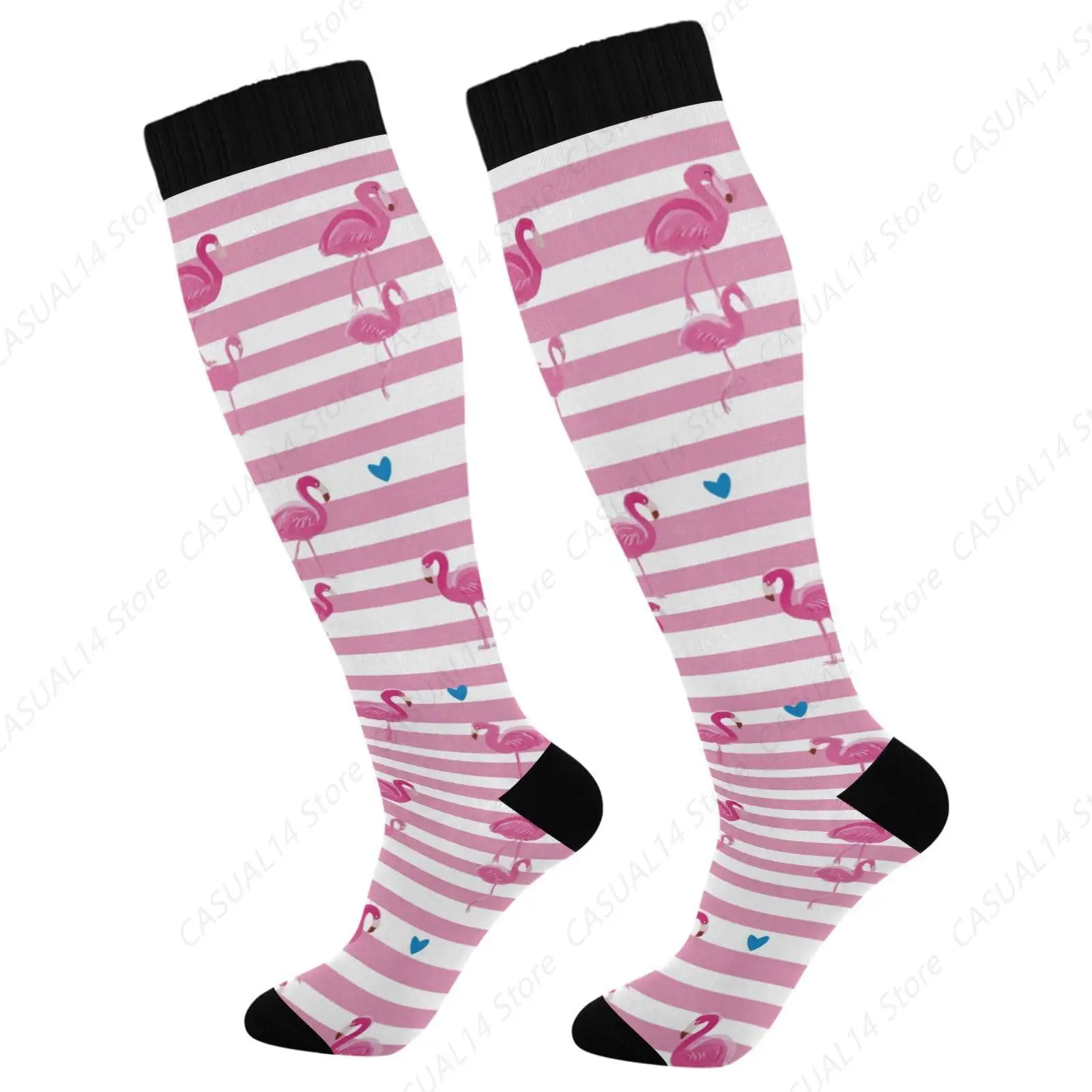

Pink White Stripes Flamingos Compression Socks Knee High Socks for Women & Men 15-20 mmHg Support for Athletic