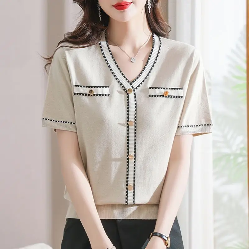 Knitting Casual Short Sleeve T-shirts Summer Contrast Patchwork Fashion Pullovers Tops Vintage Korean Women Clothing Q482