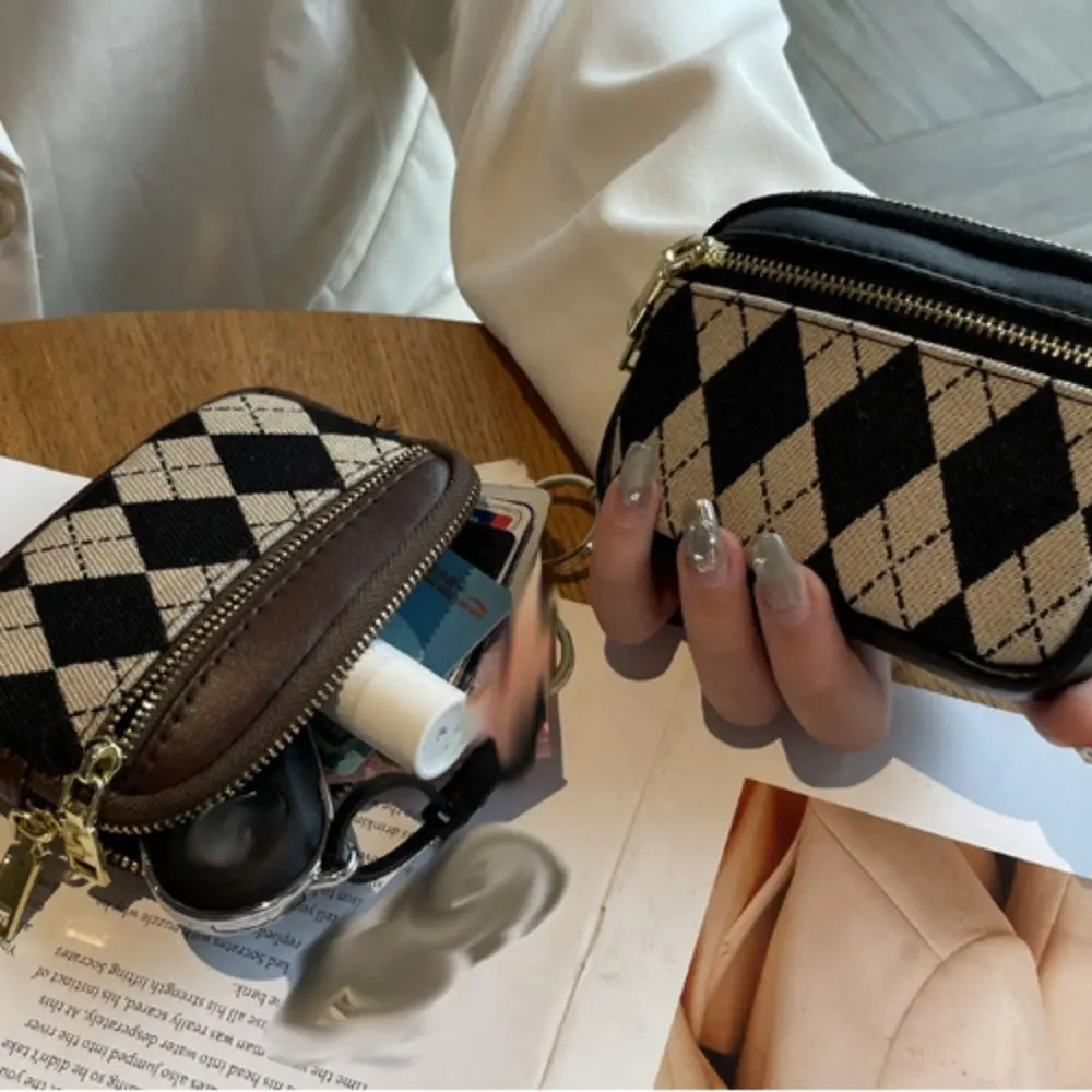 Retro Three Layers Rhombus Plaid Wallet Solid Color Mini Zipper Coin Purse Korean Style Clutch Small Item Bag Men