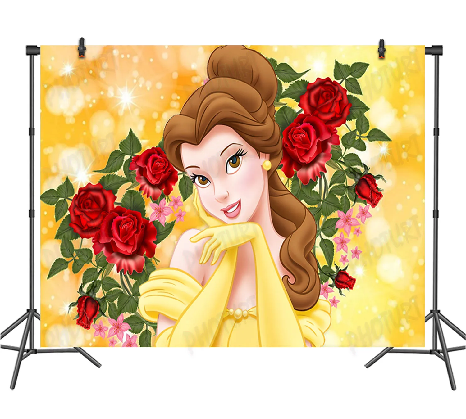 Disney Beauty and the Beast Princess Belle Backdrop Kids Birthday Party Background Golden Rose Photography Banner Decor Props