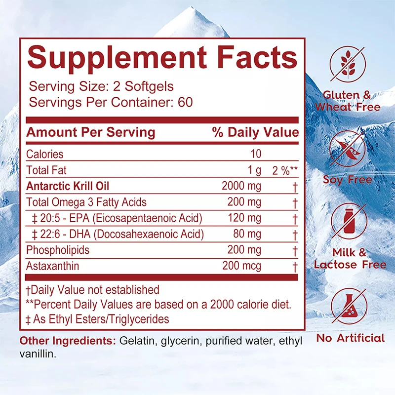 아스타잔틴, 오메가-3, 남극 크릴 오일 - 심장 및 뇌 건강, 관절, 근육 건강 및 피부 지원, 30/60/120 캡슐