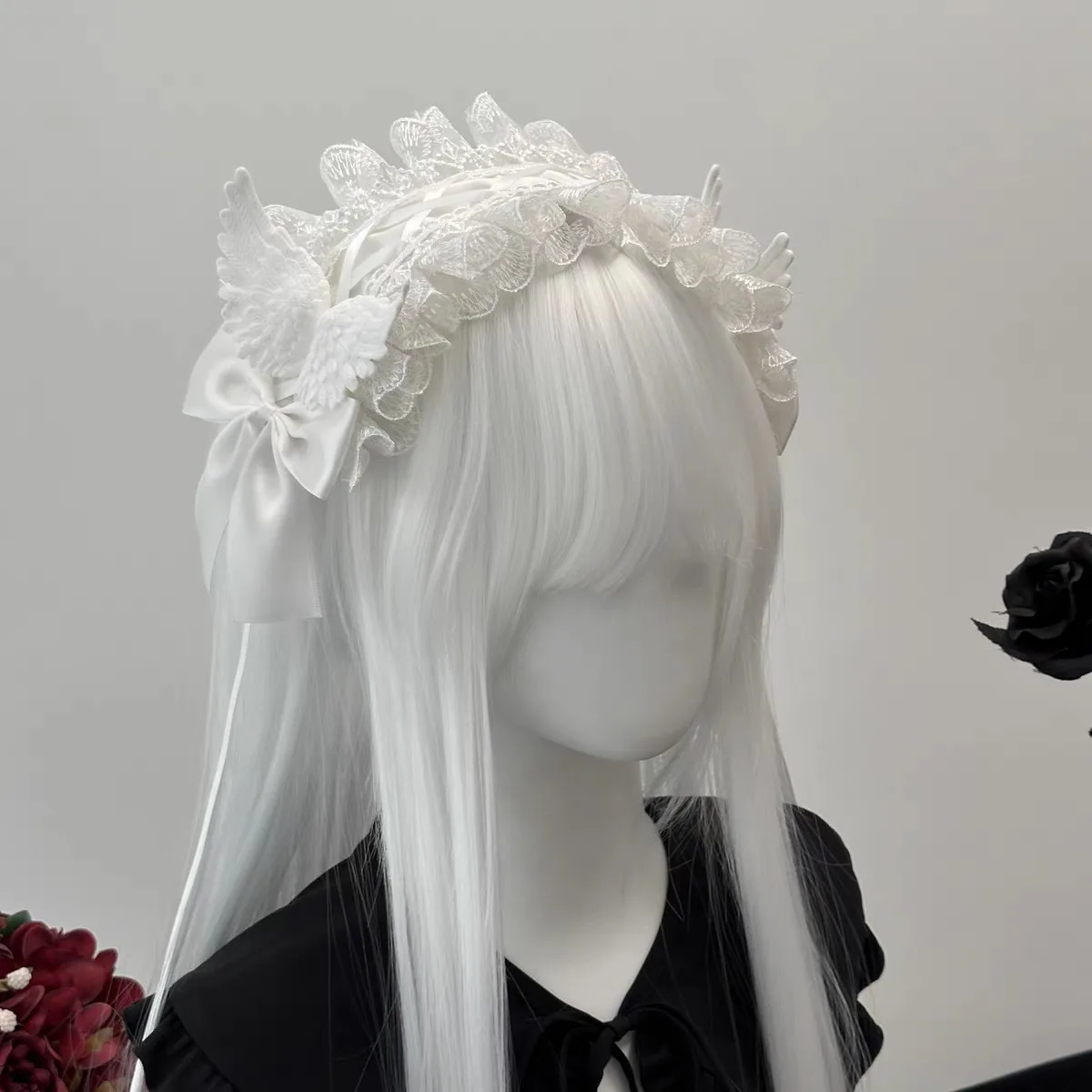 Gothic Angel Wings Maid Bonnet hairband Lolita Girl Cosplay Costume Accessories Retro Adjustable Ruffles Solid headwear  Women image 2