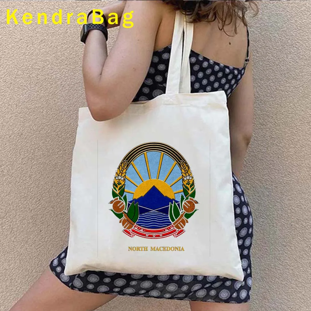 Arms of North Macedonia Flag Map Balkans Gift Watercolor Heart Shoulder Canvas Totes Bag Harajuku Shopping Bags Shopper Handbags