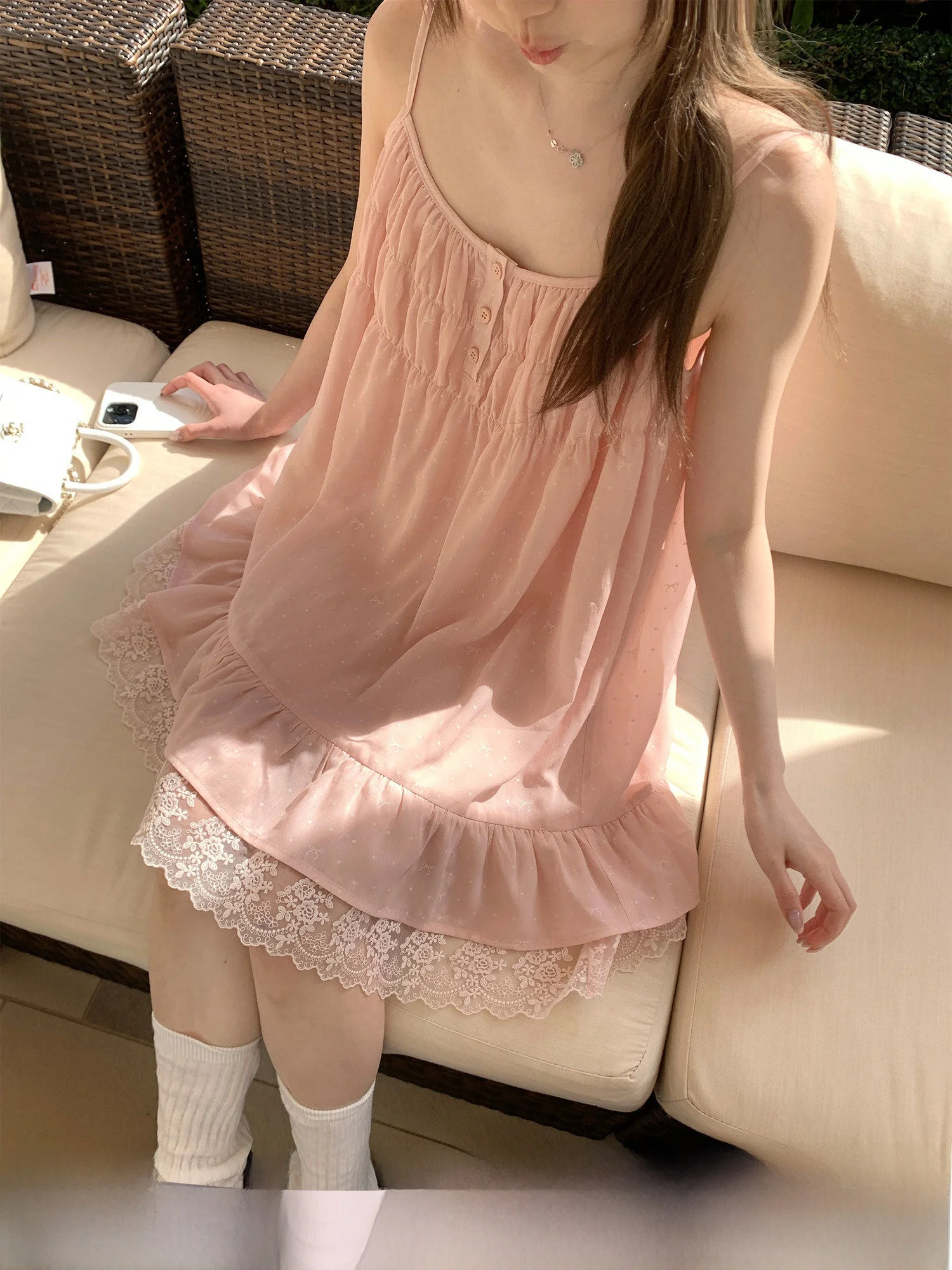 

Girls Lace Patchwork Halter Dress Spring 2026 New Style Loose Fit Sleeveless Gauze Skirt for Date Casual Daily Use