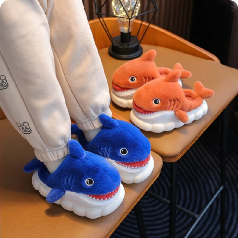Children Cartoon Animal Shark Plush Slippers Boys Girls Winter Warm Fluffy Indoor Shoes Soft Fleece Lined Cute Kids Slippers