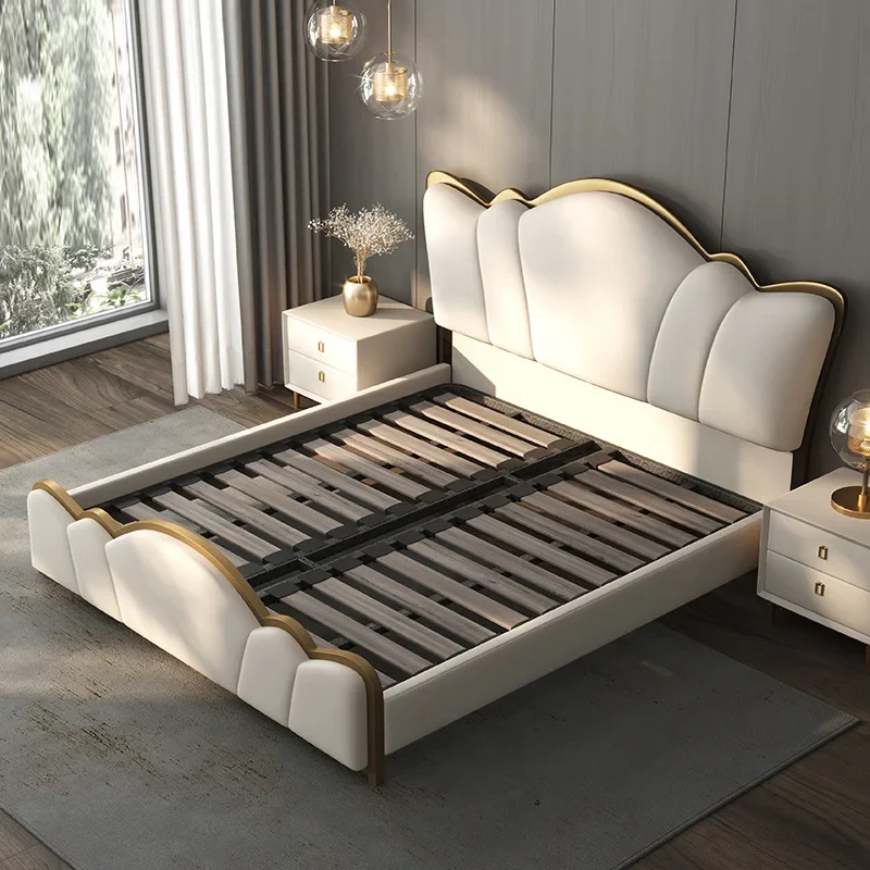 

for Modern Leather king Size Queen Big Headboard Metal Bed with Gold Stainless Steel Frame for Home Bedroom Furniture Set