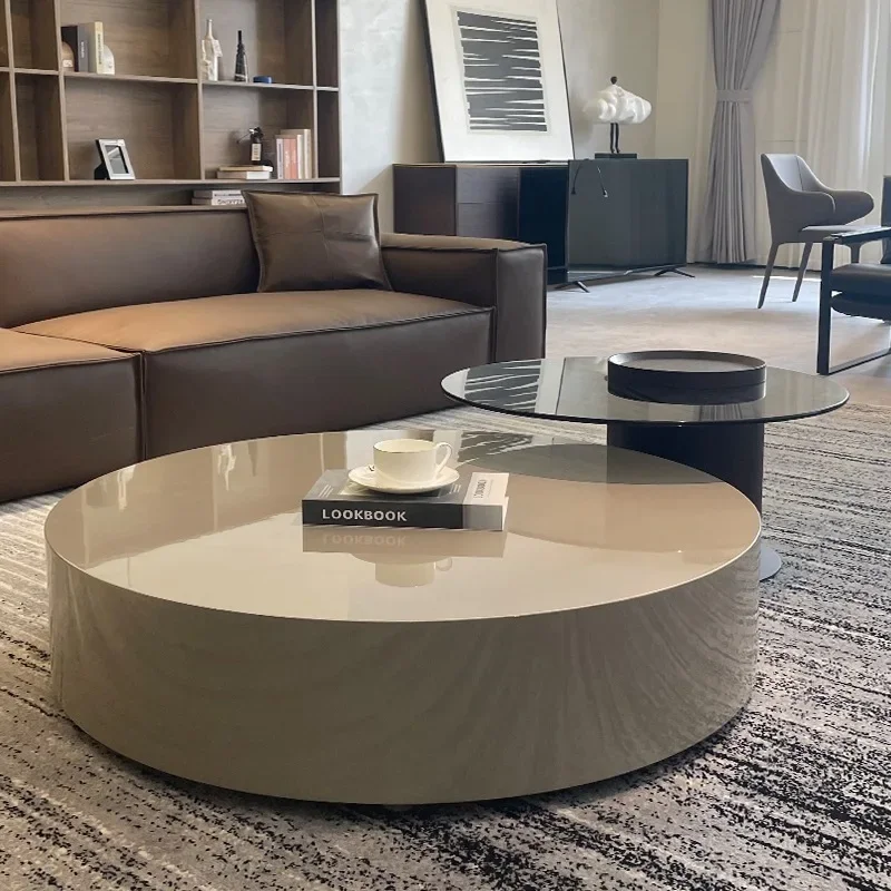 

Italian circular coffee table table, simple modern living room, glass size, round solid wood and rock panel tea table combinatio