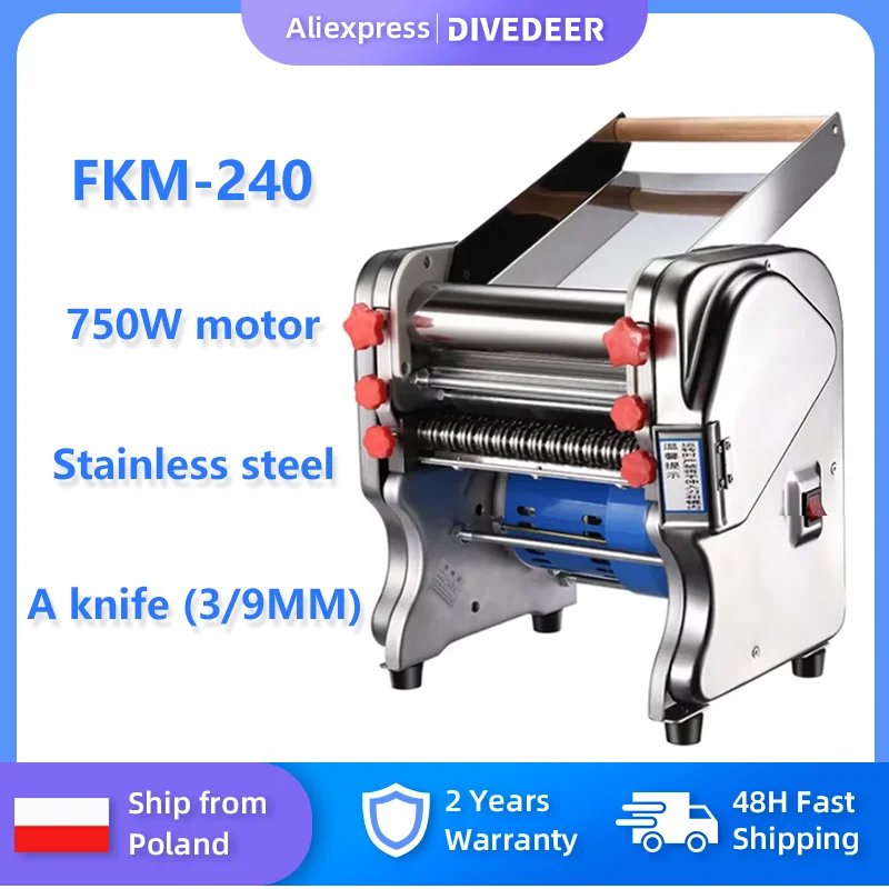 DIVEDEER FKM-240 laminadora de masa eléctrica de 750W para el hogar/comercial máquina prensadora de rodillo de masa para hacer fideos de acero inoxidable