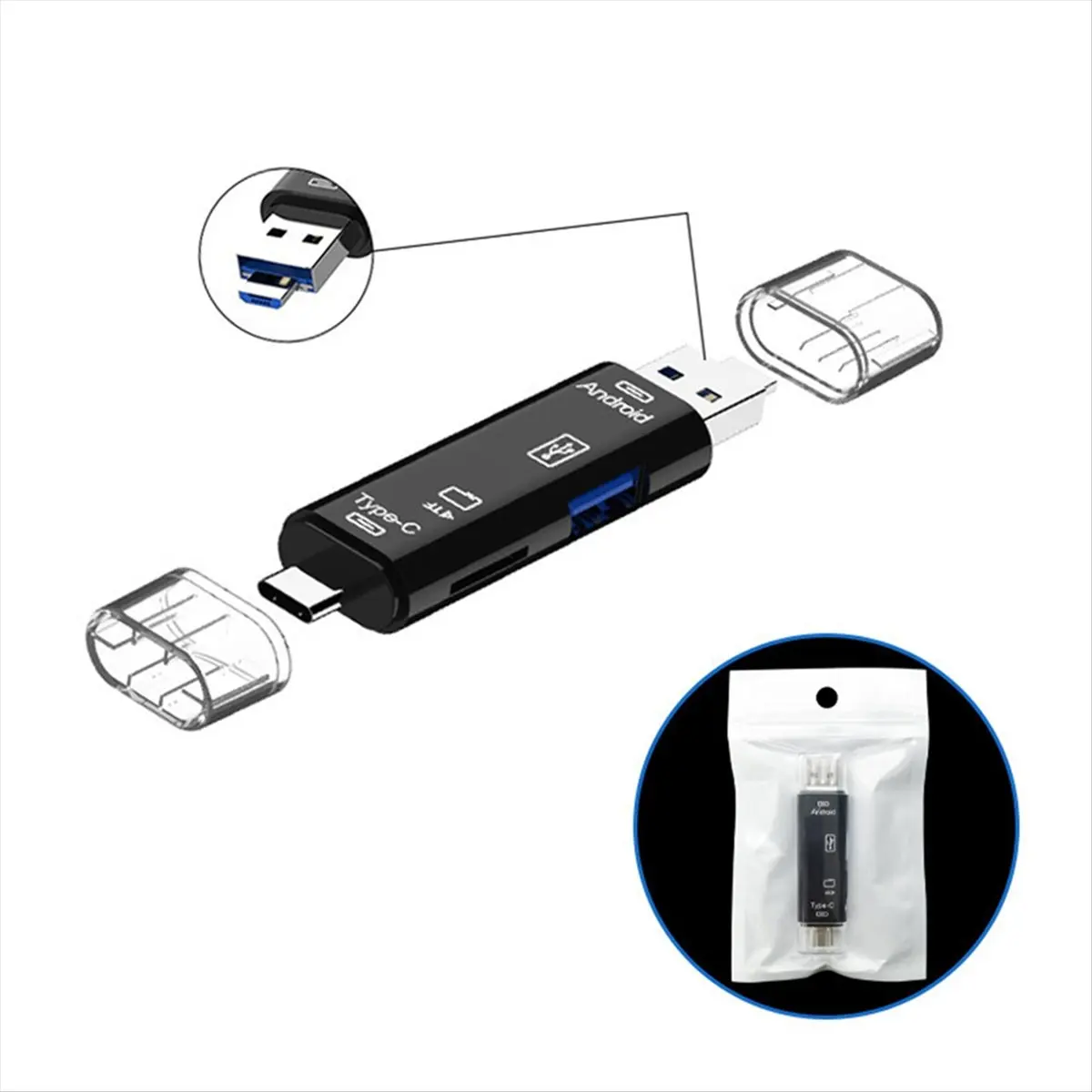 AS62 3-In-1 Card Reader with OTG Function Support USB 2.0 /Type C/USB Function Micro-USB Memory Card Black