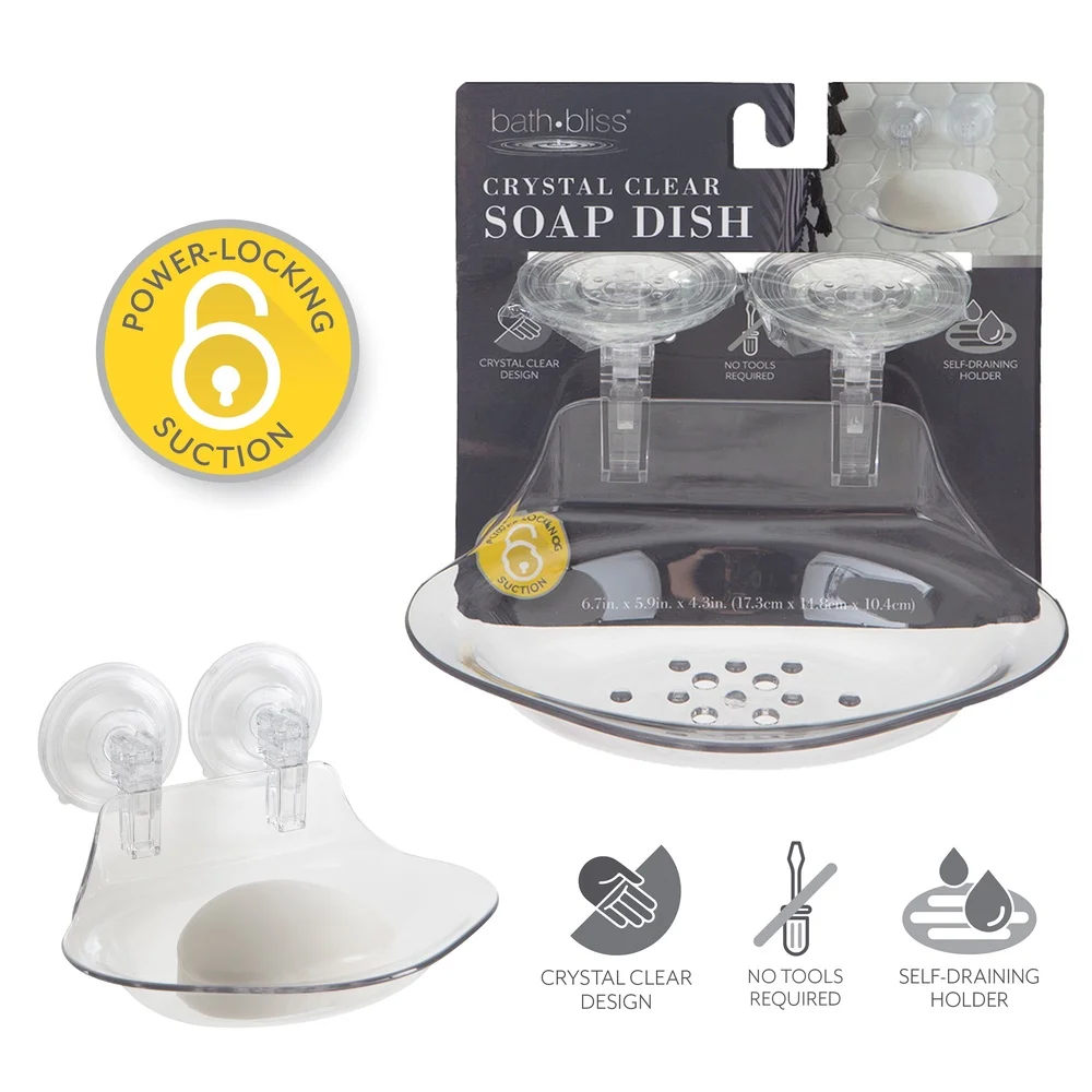 Power Locking Suction Soap Dish Self Draining Holder Shower Tub Crystal Clear Design Easy Mounting Cleaning Solution