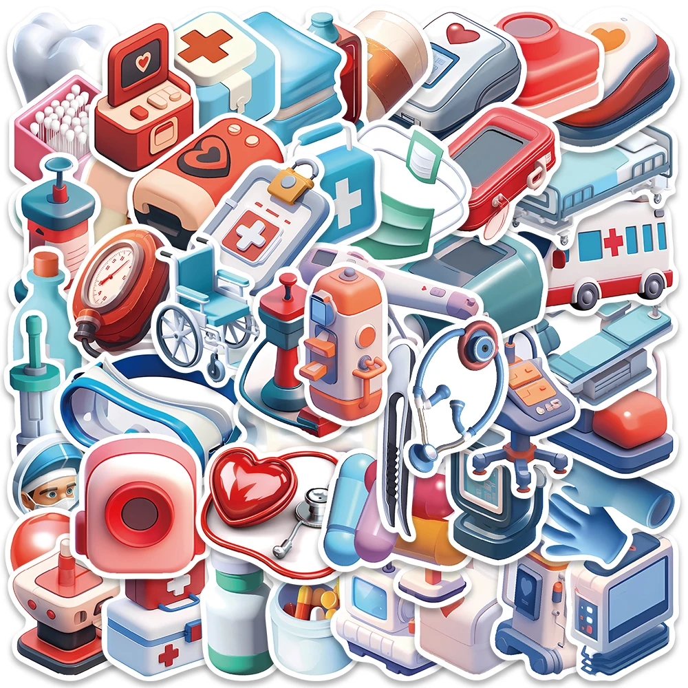 

50pcs Cute Cartoon 3D Medical Equipment Stickers Waterproof Graffiti For Luggage Guitar Skateboard Vinyl Laptop Decals