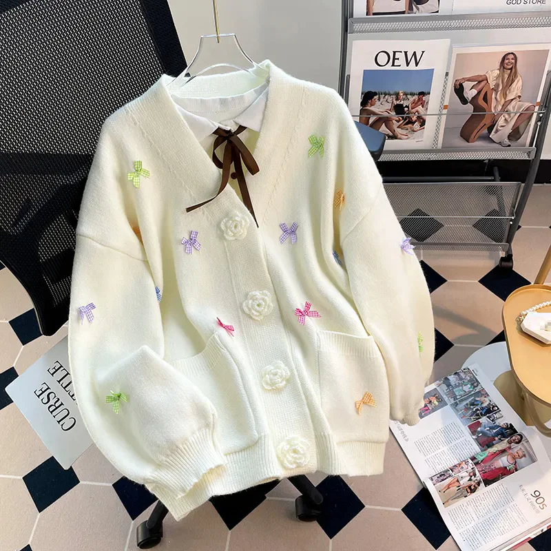 

Korean New Loose Casual Candy Color Sweaters Bow V-neck Three-dimensional Flower Knitted Cardigan Autumn Winter Warm Knitwear