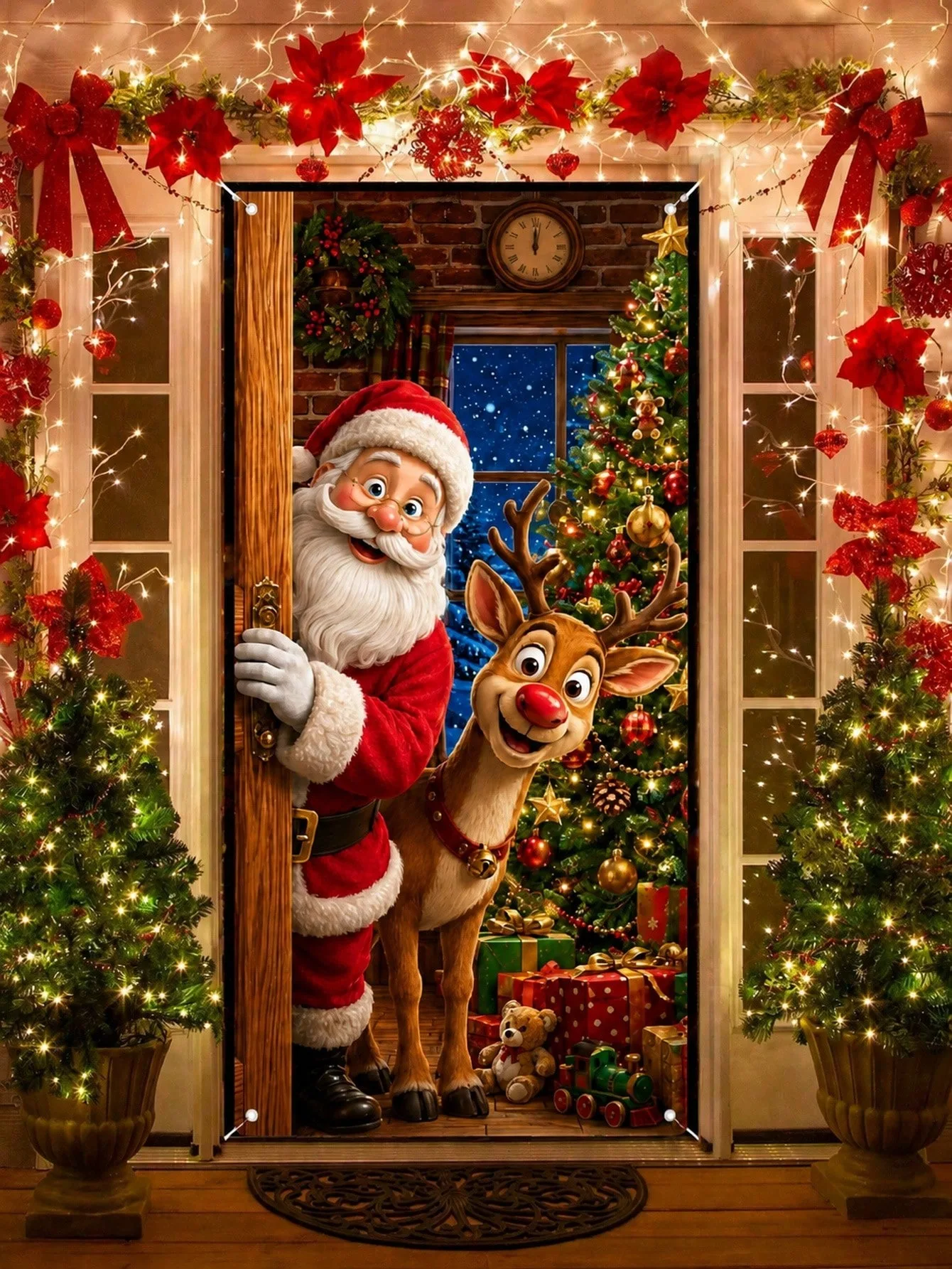 Weihnachts-Türbanner aus Polyester, Weihnachtsmann-Rentier-Türvorhang, Weihnachtsdekoration für die Haustür, für Feiertagspartys, Fotohintergrund
