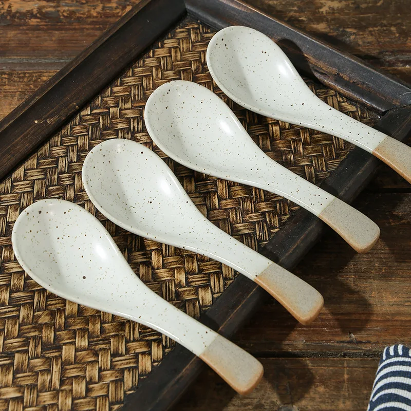 

Bright Sesame Japanese-style Spoon Creamic Long Handle Soup Spoon retro Coarse Pottery Spoons Kitchen Restaurant Table Service
