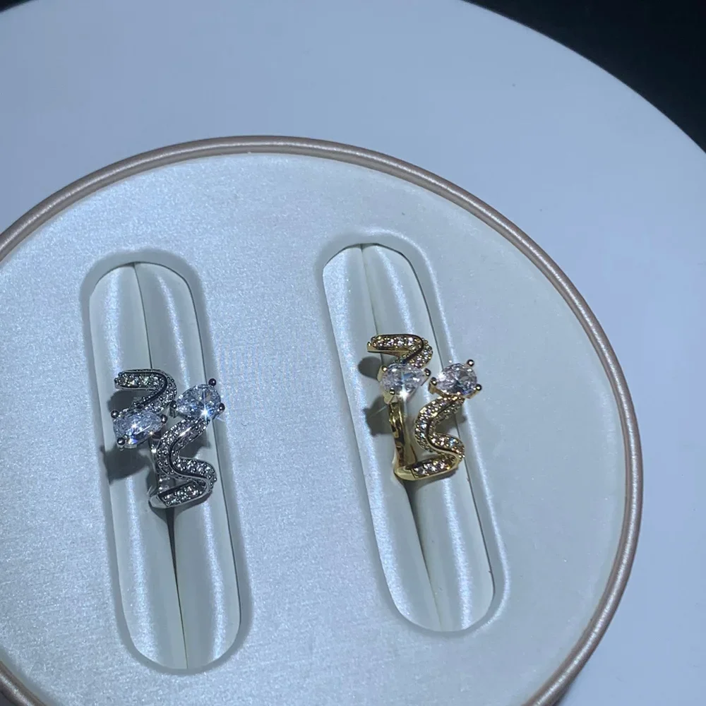 New Arrived Fashion Women Finger Jewelry Open Adjusted Big Sparking Tear Drop CZ Paved Wave Band Rings