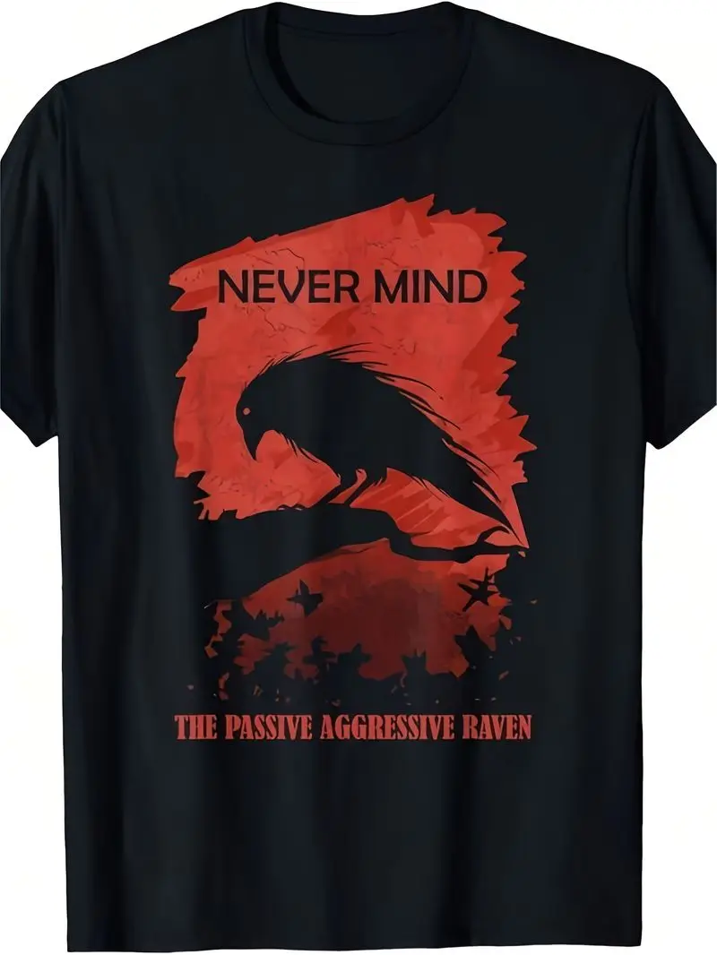 Unisex Short-Sleeved Printed T-Shirt Passive-Aggressive Raven Theme Perfect For Summer 2026 Vintage Crew Neck Regular Fit 180G