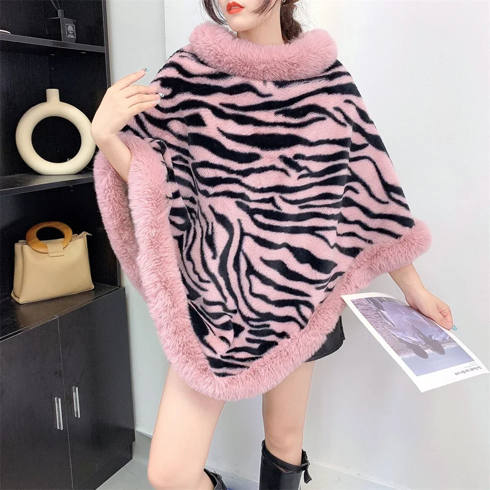 

4 Colors Winter Thick Loose Party Poncho Cape Zebra Cloak Women Faux Fur Knitted Long Triangle Out Streetwear Shawl Overcoat