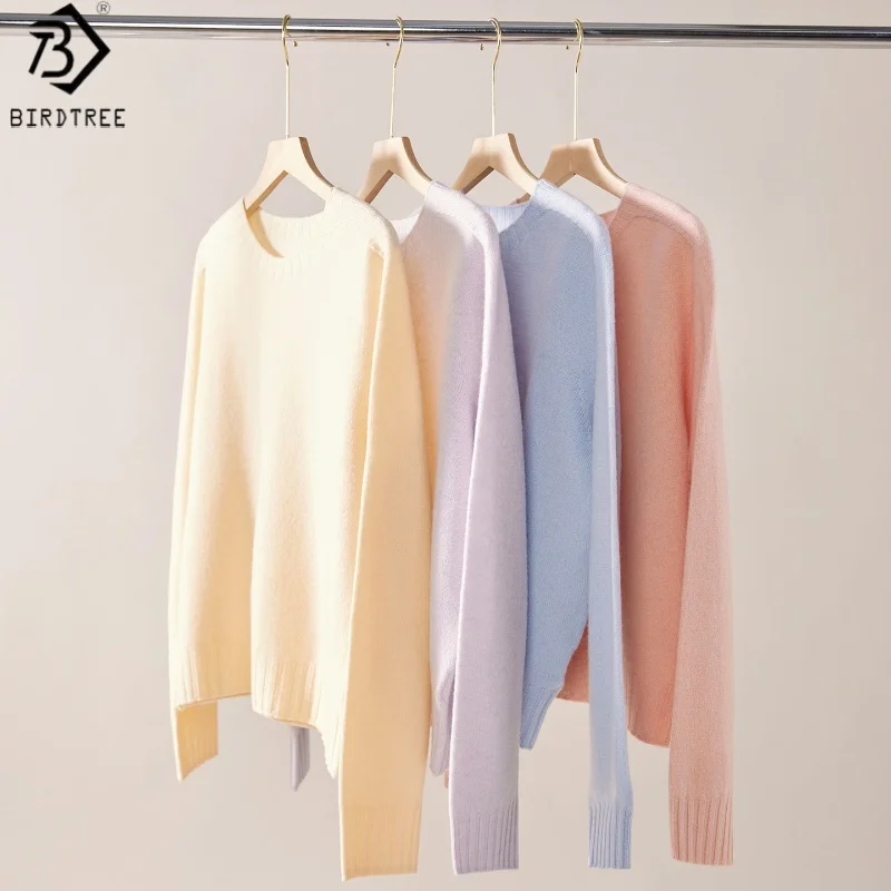 

Birdtree, вязаный свитер из 92% овечьей шерсти, 8% кашемира, женский однотонный бесшовный трикотаж с круглым вырезом, осенний пуловер 2025 T5O607JF