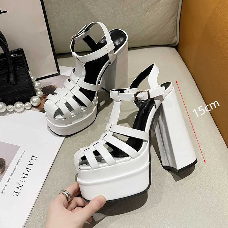 Women Heeled Sandals Platform Chunky Heels Hollow Out Buckle Strap High Heels Pumps Leather Comfort Women Shoes Summer