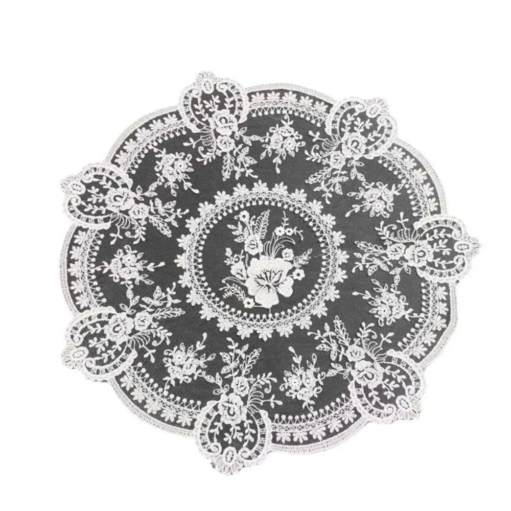 Vintage Embroidered Lace Table Mat Round Flower Embroidery Dining Table Cover Napkin Placemat Vase Table Lamp Pad Beside Table