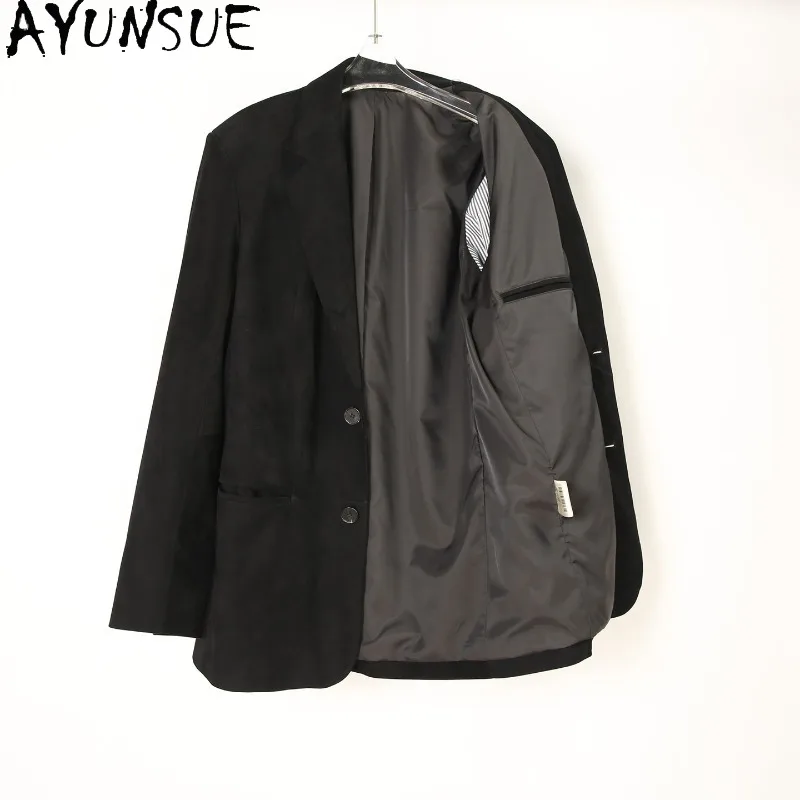 AYUNSUE Sheepskin Suede Jakcet Woman Fashion Suits Collar Leather Jackets Autumn Black Long Sleeve Tops Woman Clothes Ropa Mujer