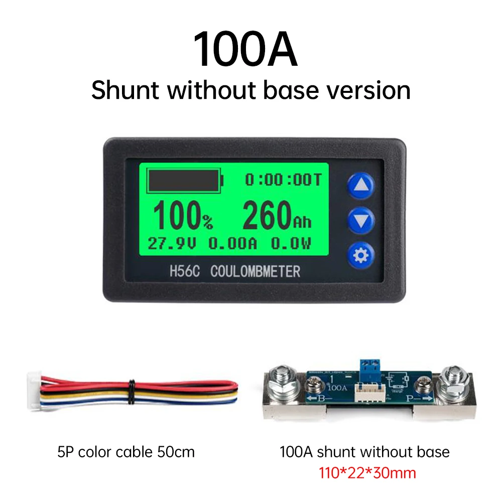 

H56CR Shunt Coulomb Meter Power Indicator DC 10V-100V 100A Battery Capacity Detector Bidirectional Voltage Current Power Meter