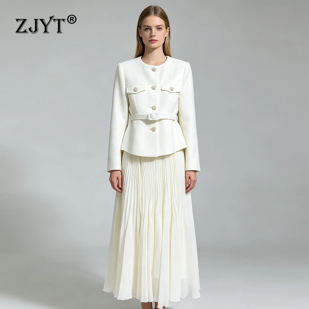 ZJYT Elegant Women's Long Dress Set Two Piece Outfit Autumn Winter Fashion Tweed Jacket and Skirt Suit White Black Office Party