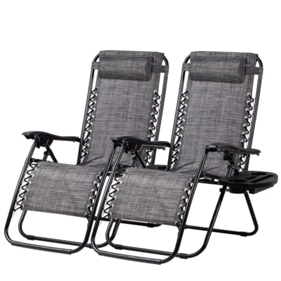 

Patio recliners set of 2: adjustable steel mesh zero gravity lounge chairs for relaxation, grey color, includes pillow and cup