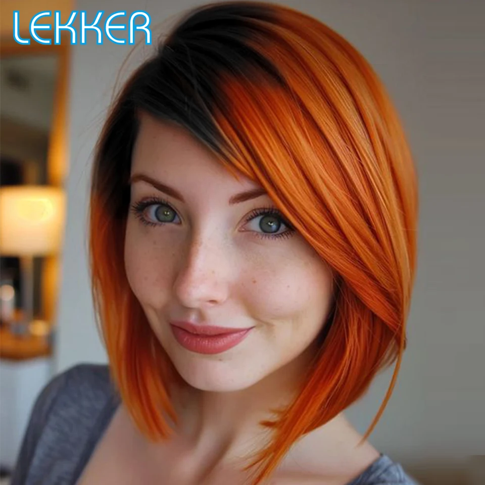 Lekker Ombre Ginger Orange Short Pixie Cut Straight Bob 100% Human Hair Wig For Women Brazilian Remy Hair Full Machine Made Wigs