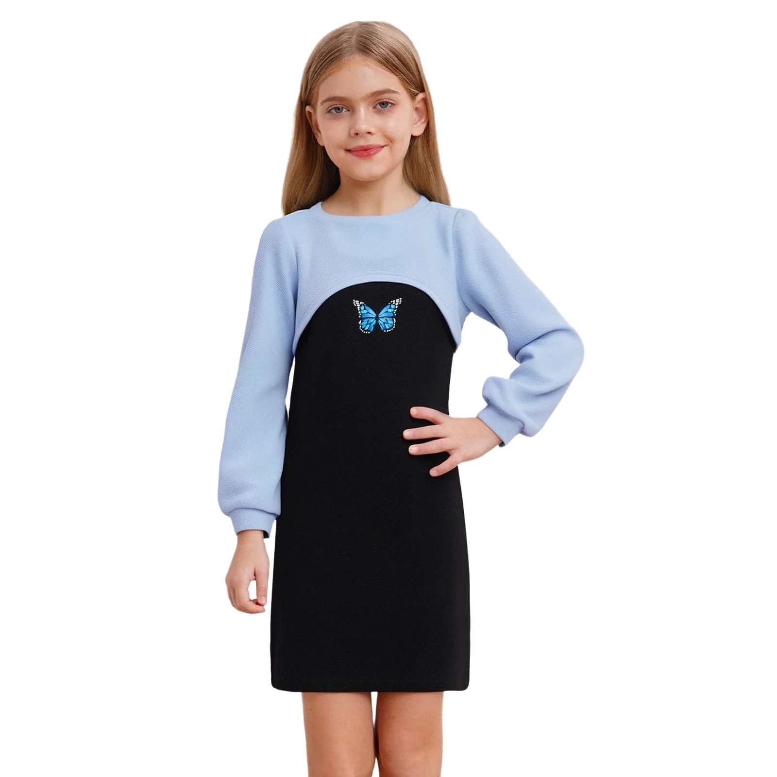 

Kids Girls 2-Piece Outfit Casual Clothing Long Sleeve Asymmetrical Hem Pullover Top+Spaghetti Straps Butterfly Printed Dress