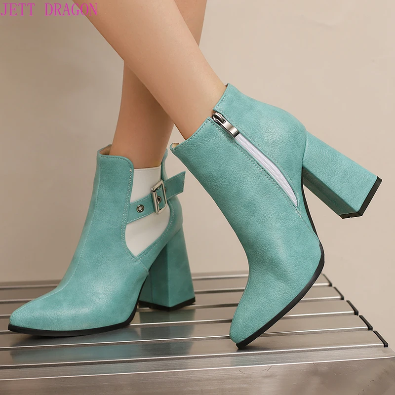 

Сексуальные ботильоны для женщин, новинка 2025 года, зимняя обувь, осенние черные, синие короткие ботинки на блочном каблуке, обувь для вечеринок, женская обувь, большой размер 45