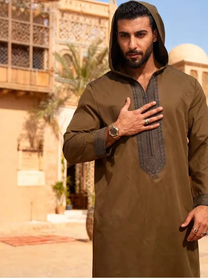 Long Robe Men Jubba Thobe Gown Embroidery Abayas Hooded Middle East Muslim Solid Modest Morocco Dubai Spliced Spring Casuak