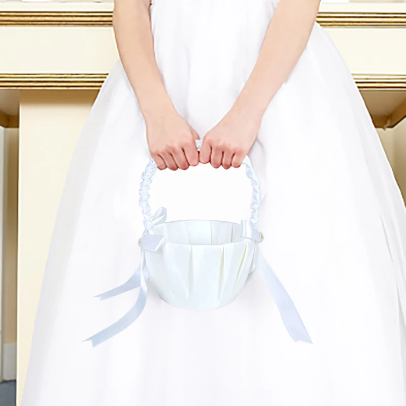 20 CM White Flower Girls Basket Silk Wedding Basket for Flower Bride/Kids Hand Held Wedding Ceremony Party Decorations