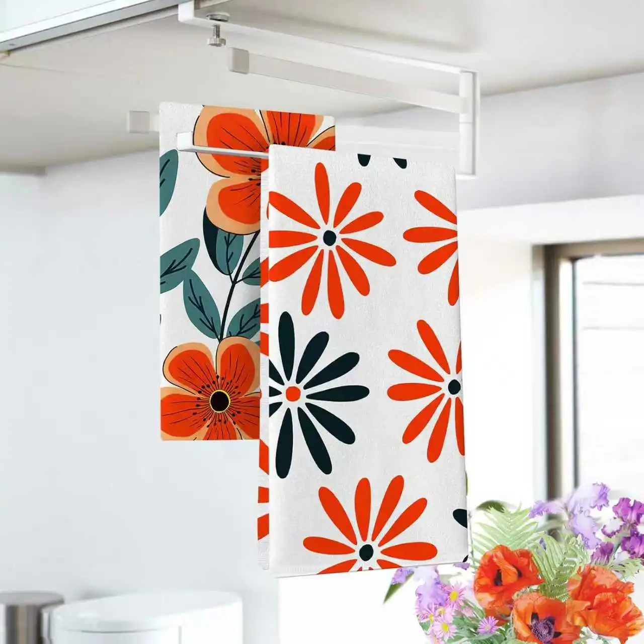 2-Pack of Rustic Towels with Red Floral Prints, Dish Towels, Hand Towels, Modern Art Kitchen Decor Towels, Neighbor Gifts, Sweet Housewarming Gifts for Friends, Mom Gifts, Friend Birthday Gifts. Spring and Summer Theme