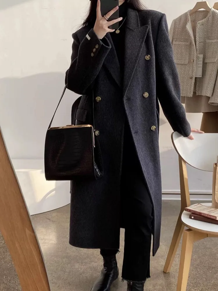 [EWQ] Double Breasted Full Sleeve Double-faced Cashmere Coat Temperament Women Long Woolen Coats Winter 2024 Autumn New 16O1857