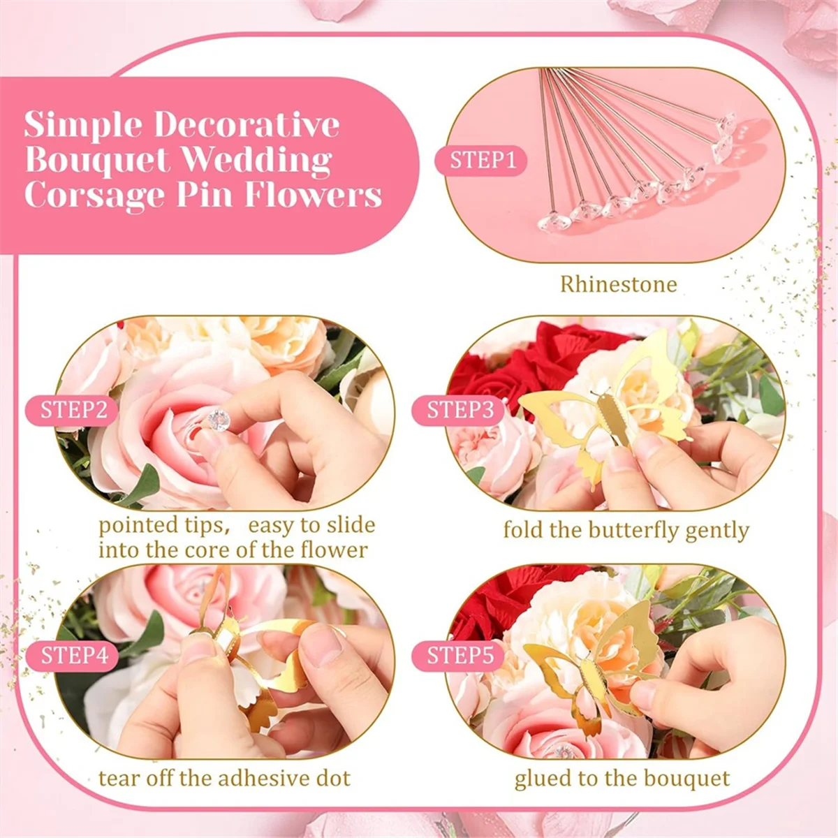 2025+166 Pcs Crown Decor for Flower Bouquet with 6 Crown Cake Topper 100 Corsage Pins 60 Butterflies Multicolor