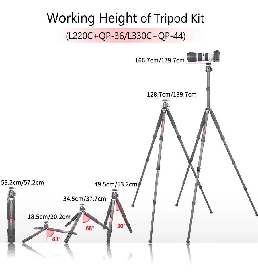 GEEHOPE L220C/L330C Compact Carbon Fiber Tripod Professional Camera Stand for DSLR Video Camcorder Load 25kg add Center Column