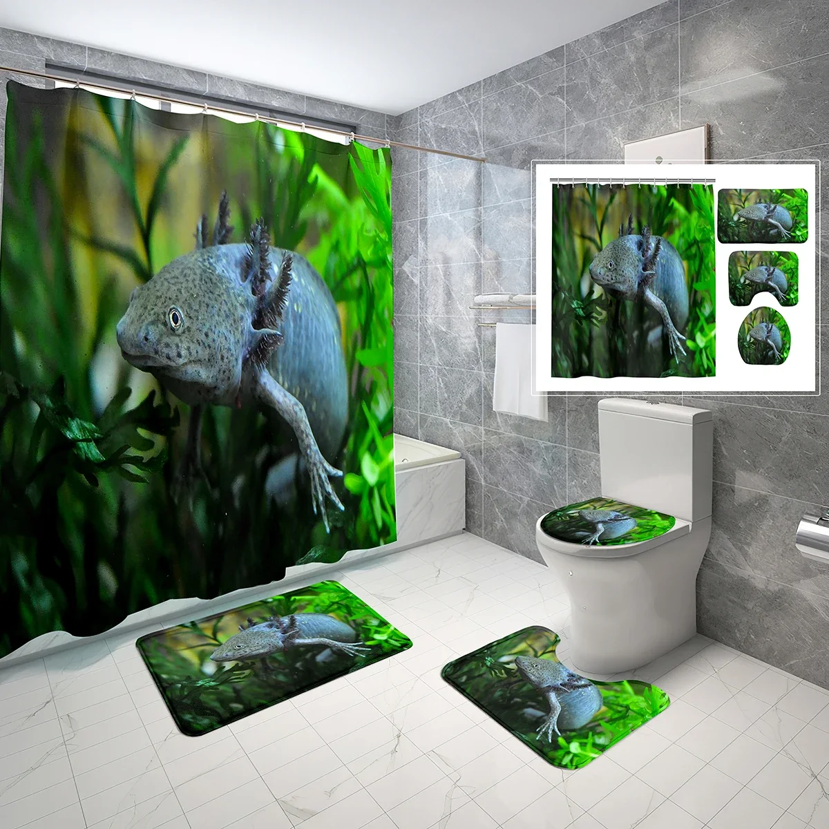 4 Pcs Cartoon Animal Theme Marine Life Axolotl Shower Curtain Bathroom Non-Slip Bath Mat Toilet Cover Shower Curtain Set