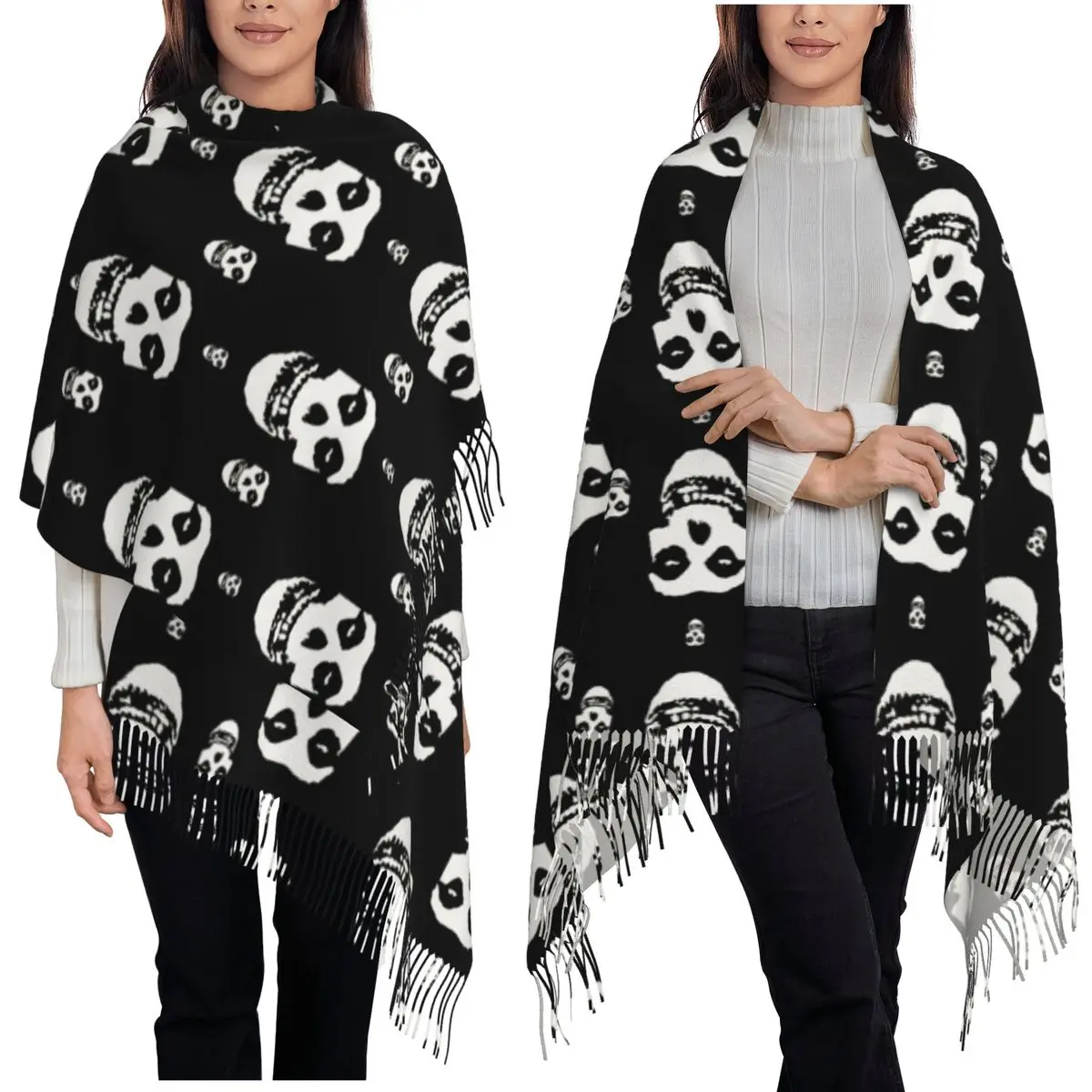 

Rock Punk Band Misfits Skull Face Pattern Heavy Metal Scarf Tassel Scarves for Women Shawl and Wraps Long Fall Winter Shawl Wrap