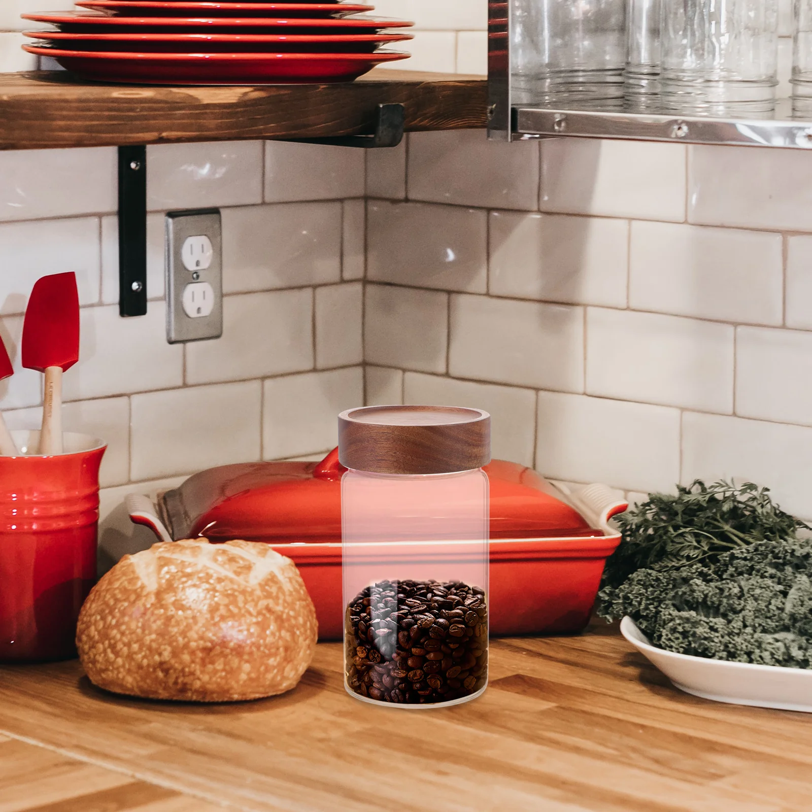 

High Borosilicate Glass Storage Container Wood Lid Airtight Sealed Jar Coffee Beans Grain Tea Sugar Holder Kitchen Organizer