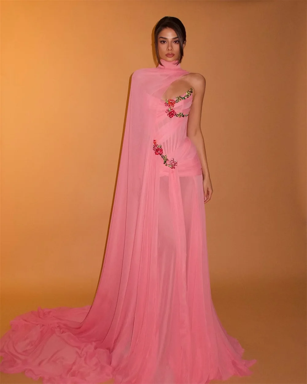 فساتين حفلات الزفاف بدون حمالات من Mila باللون الوردي مخصصة بدون أكمام شال فساتين سهرة أنيقة شيفون حورية البحر فيستدوس دي فييستا