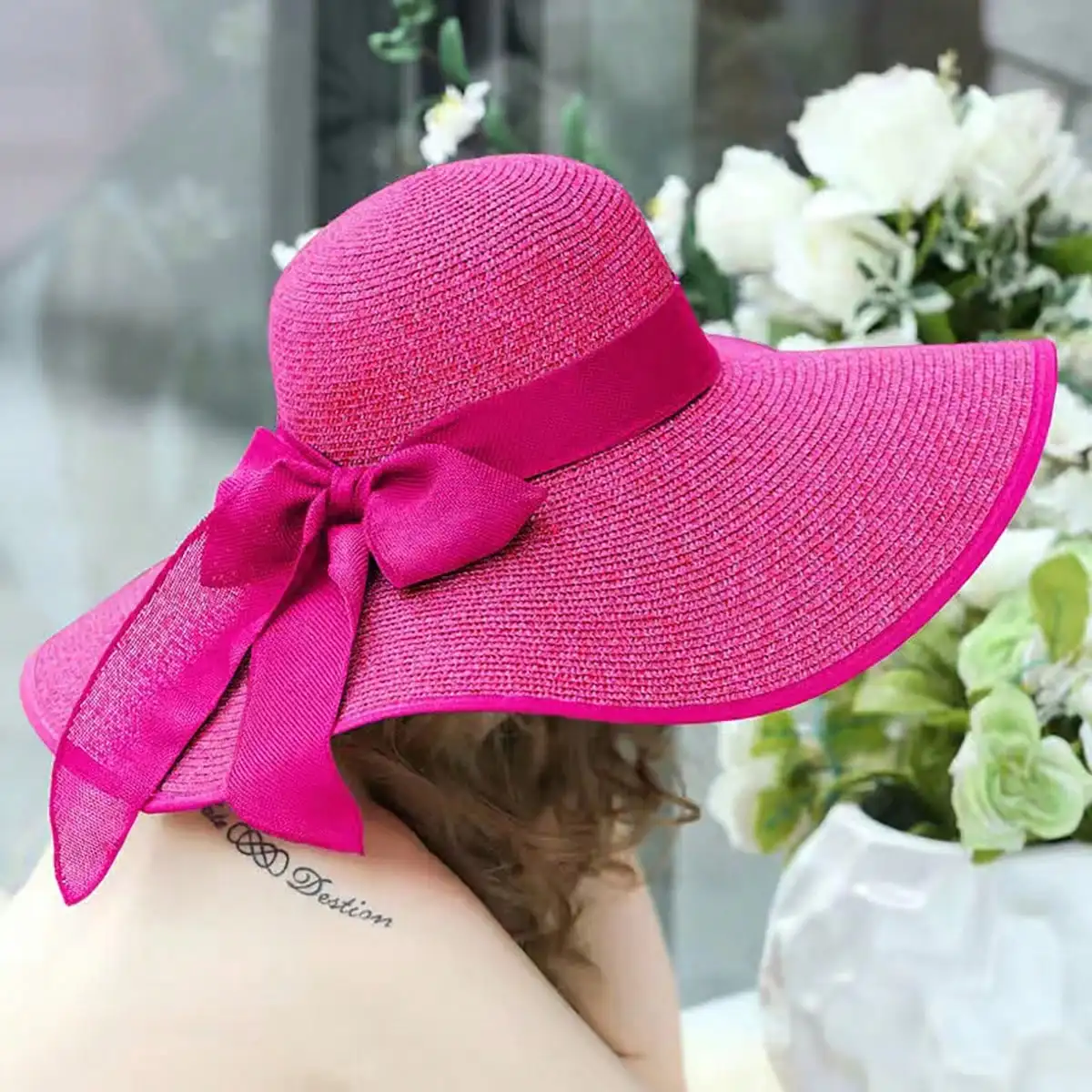 

Boho Women's Beach Straw Hat With Extra Wide Brim, Sun Protection, Vacation Style, Outdoor Fashionable Bow Valentine's Day Valentines