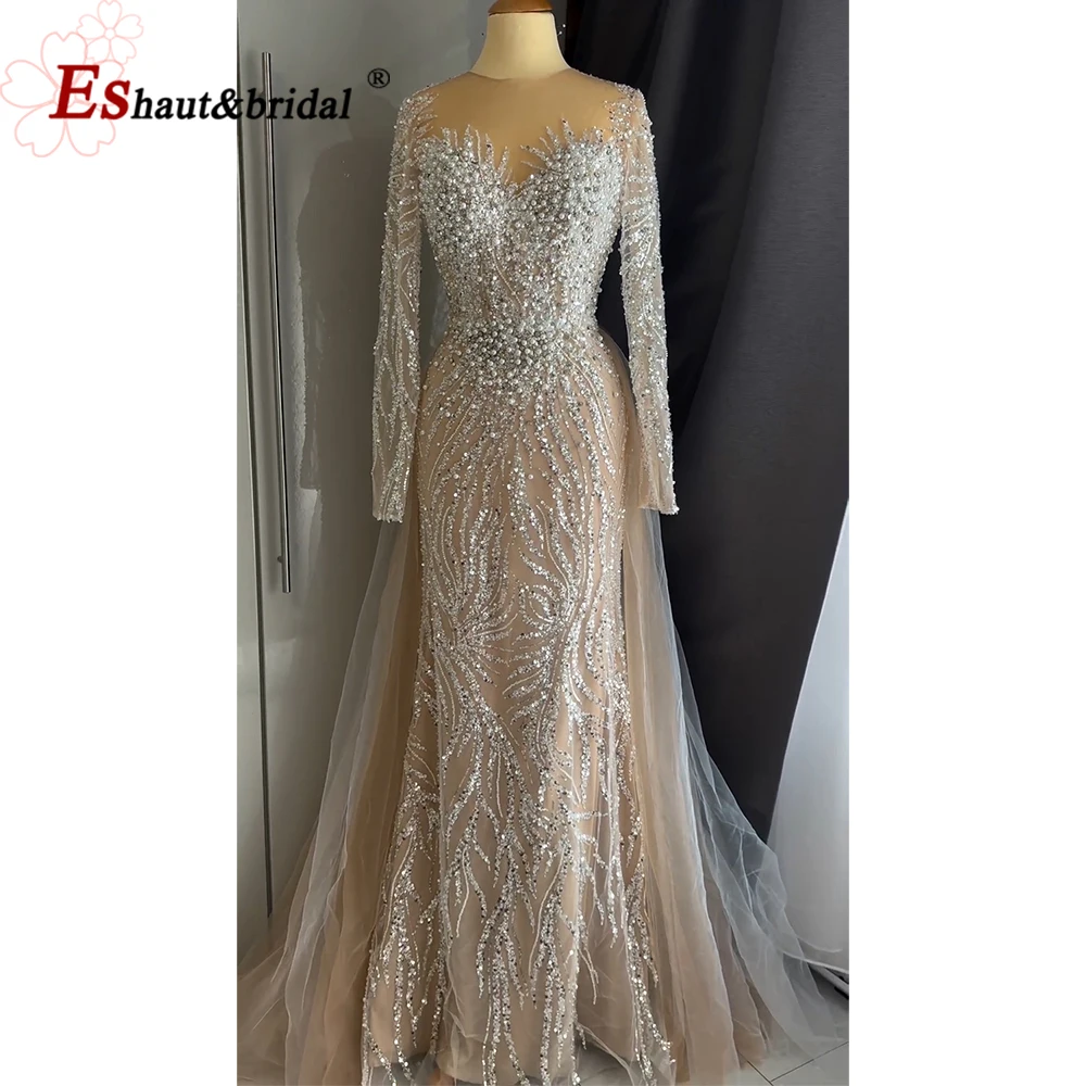 Vestido de noite elegante para mulheres, mangas compridas, sereia, trem destacável, pérolas, formal, baile, festa de casamento, personalizado, 2024