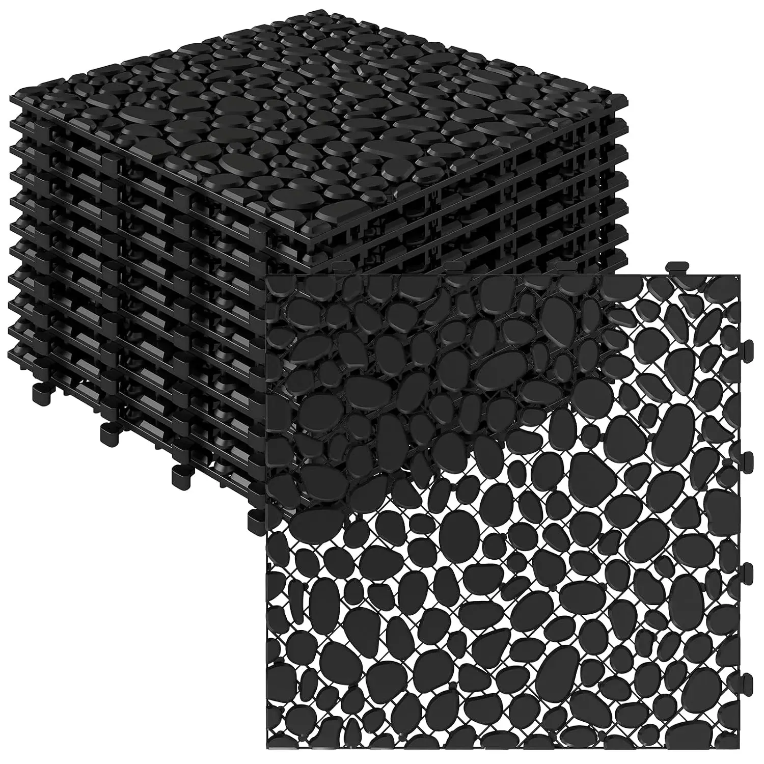 Plastic Interlocking Deck Tiles, Outdoor Waterproof Non Slip Decking Pavers For Patio Balcony Bathroom Backyard Poolside Garage Floor, Modern Geometric Style, Solid Black, 60 Pieces